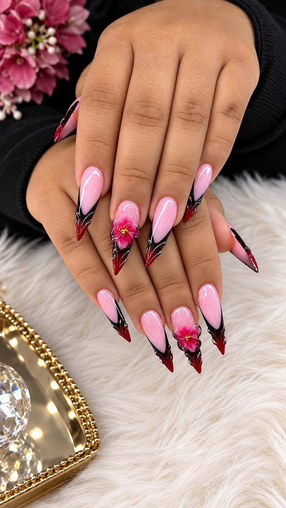 Burgundy Floral Sculpt nail set at Solar Nails & Spa Daphne